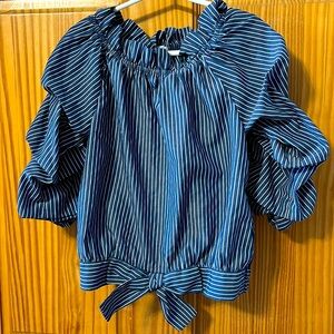Girls blue and white striped rouched top with bow.